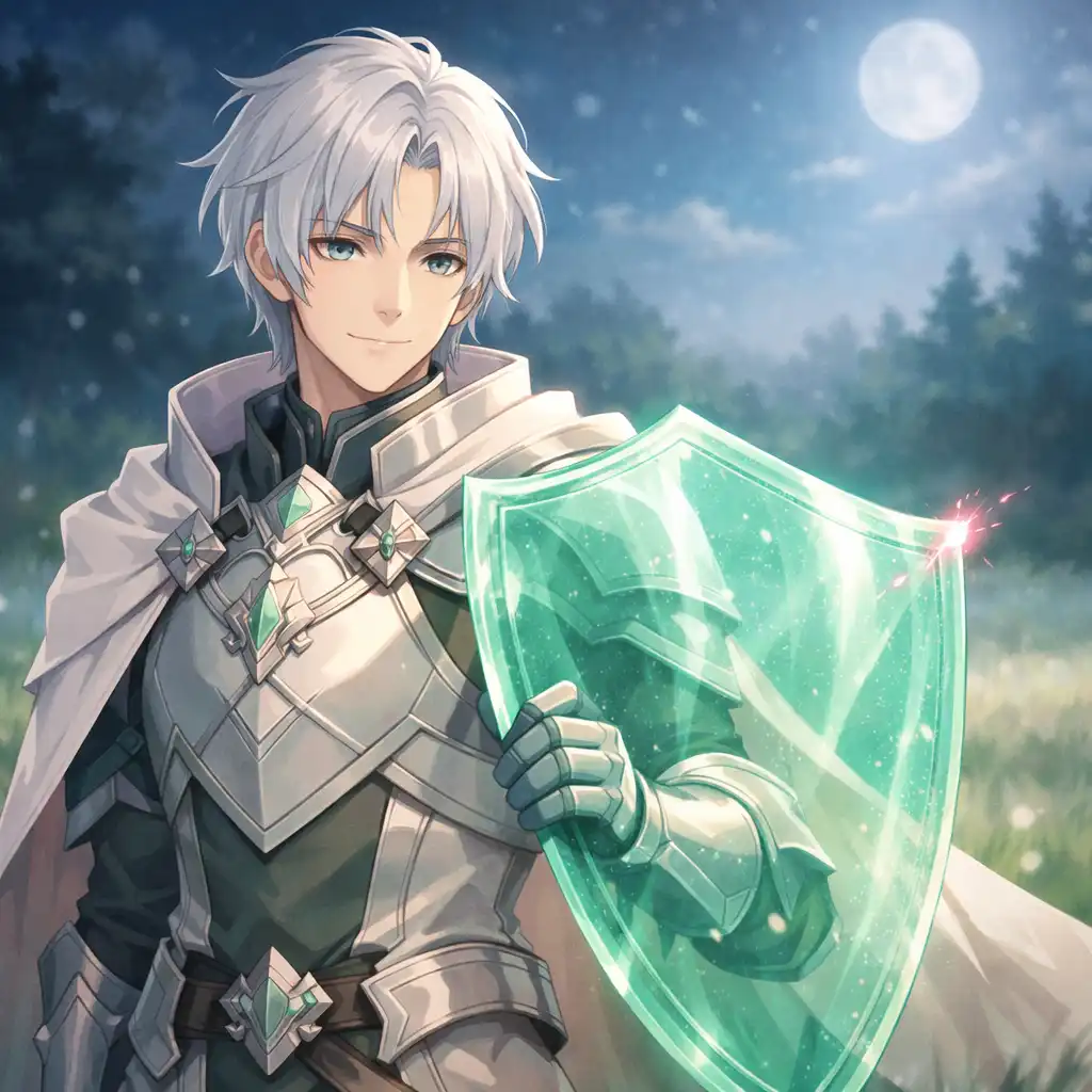Anime fantasy strażnik z przejrzystą szmaragdową barierą, symbol archetypu obrońcy