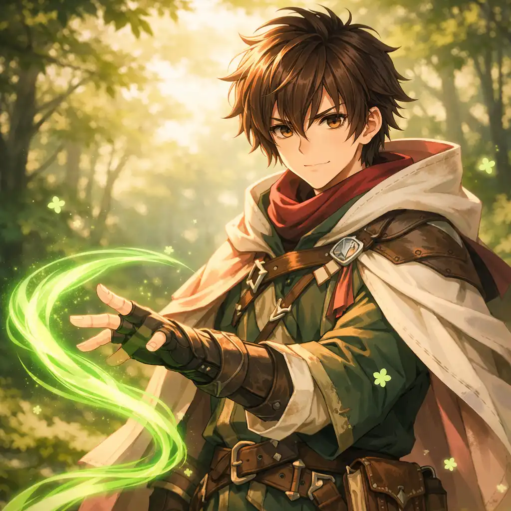 Anime fantasy czarodziej prowadzący szmaragdową magię, symbol archetypu atakującego