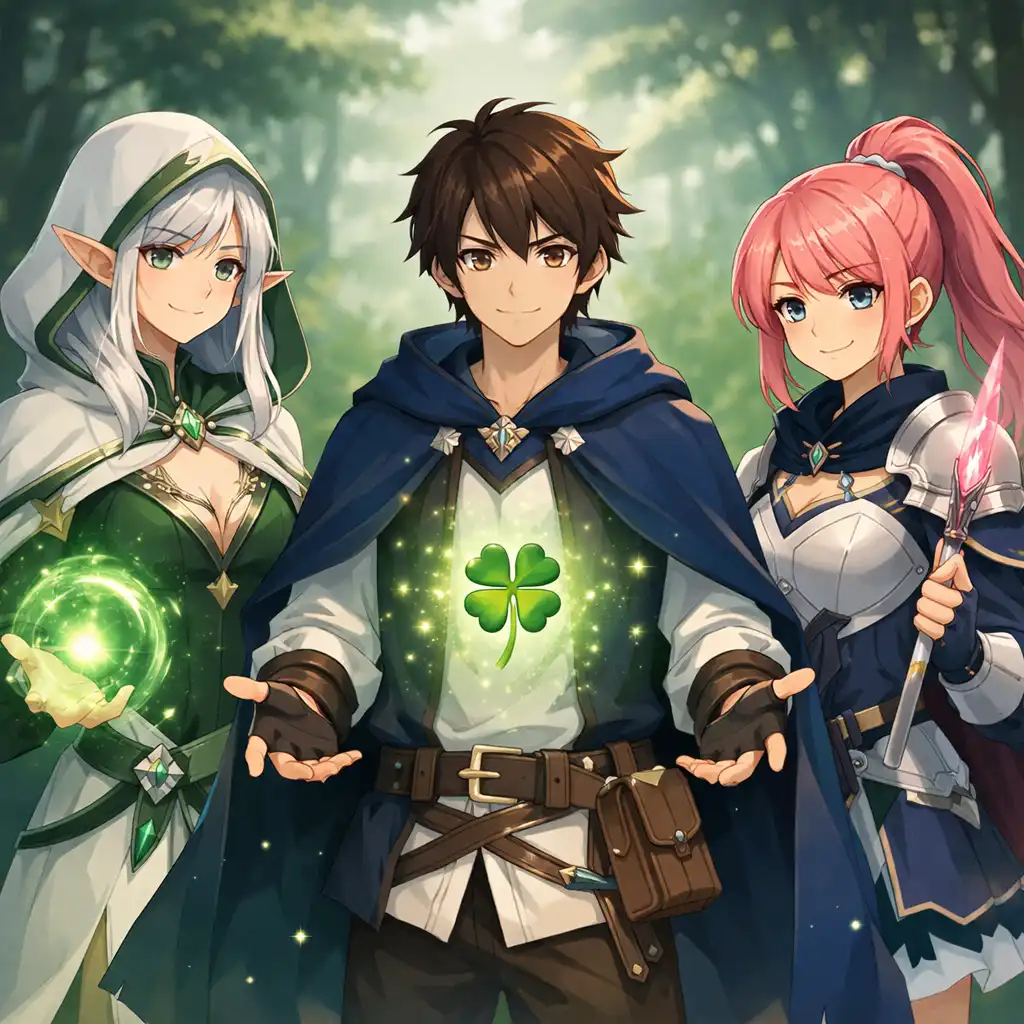 Trójka zróżnicowanych bohaterów anime fantasy stojących wokół świetlistej czterolistnej koniczyny