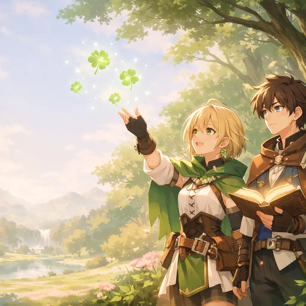 Bohaterowie anime fantasy w szmaragdowym lesie, otoczeni świecącymi czterolistnymi koniczynami