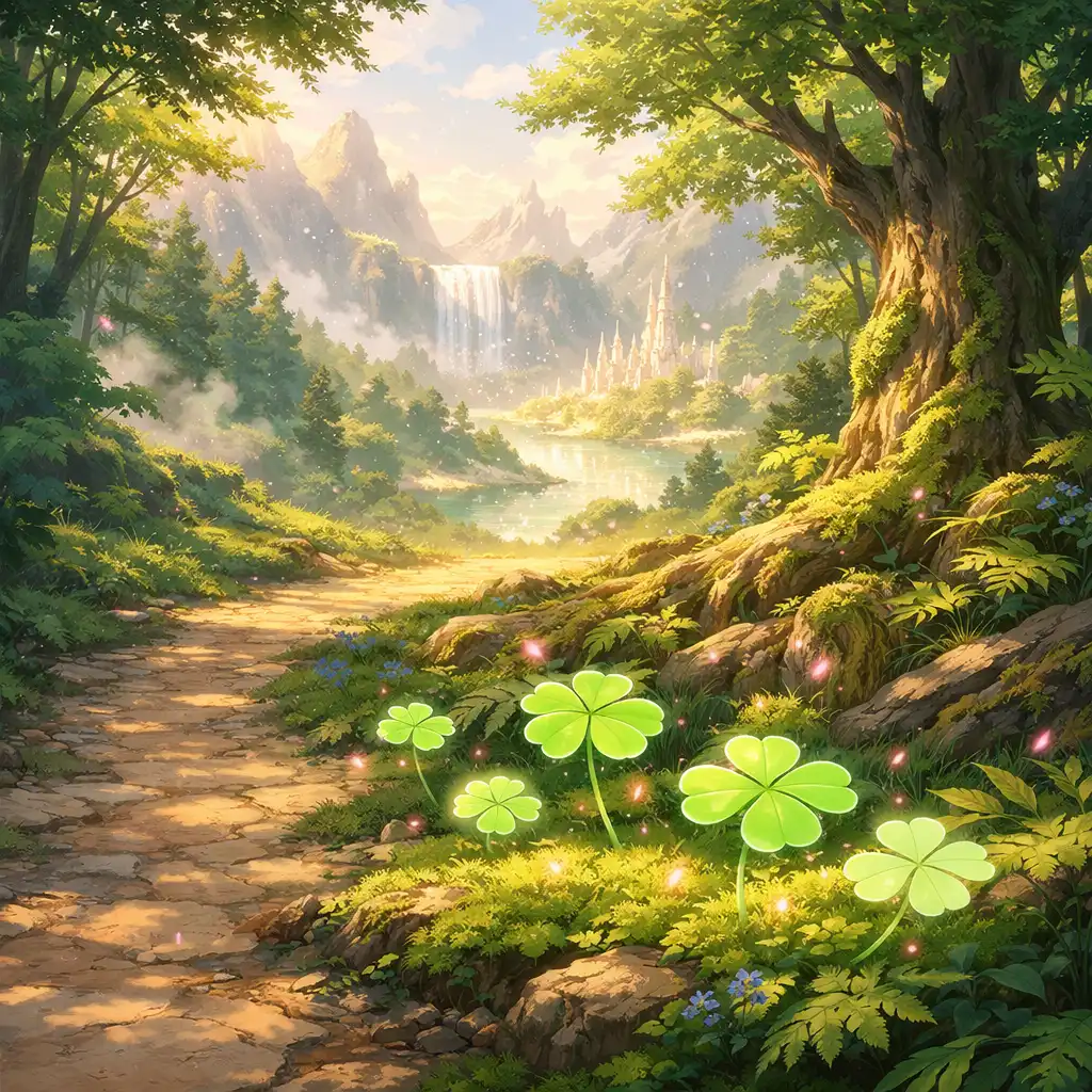 Zaczarowana ścieżka w anime fantasy lesie prowadząca ku świetlistej krainie z unoszącymi się koniczynami