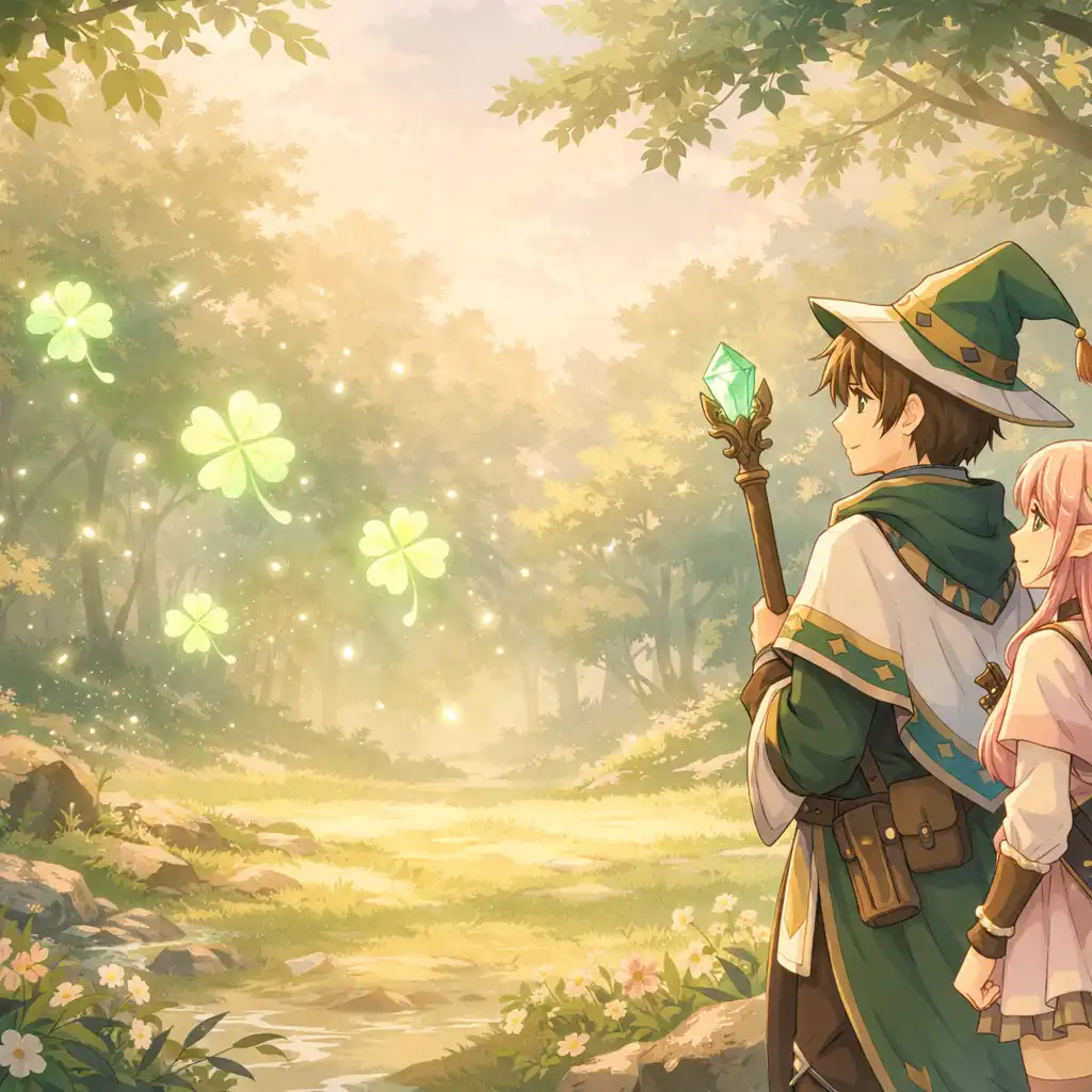 Bohaterowie anime fantasy w lesie otoczeni świecącymi czterolistnymi koniczynami