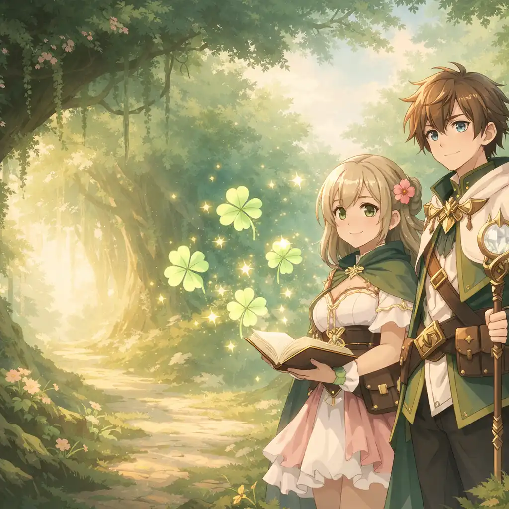 Dwoje młodych bohaterów anime w świetlistym lesie otoczonych magicznymi czterolistnymi koniczynami