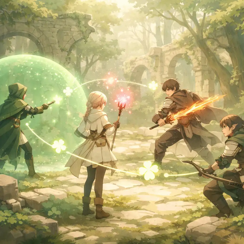 Nienazwana drużyna bohaterów anime fantasy współpracująca dzięki zielonej magii