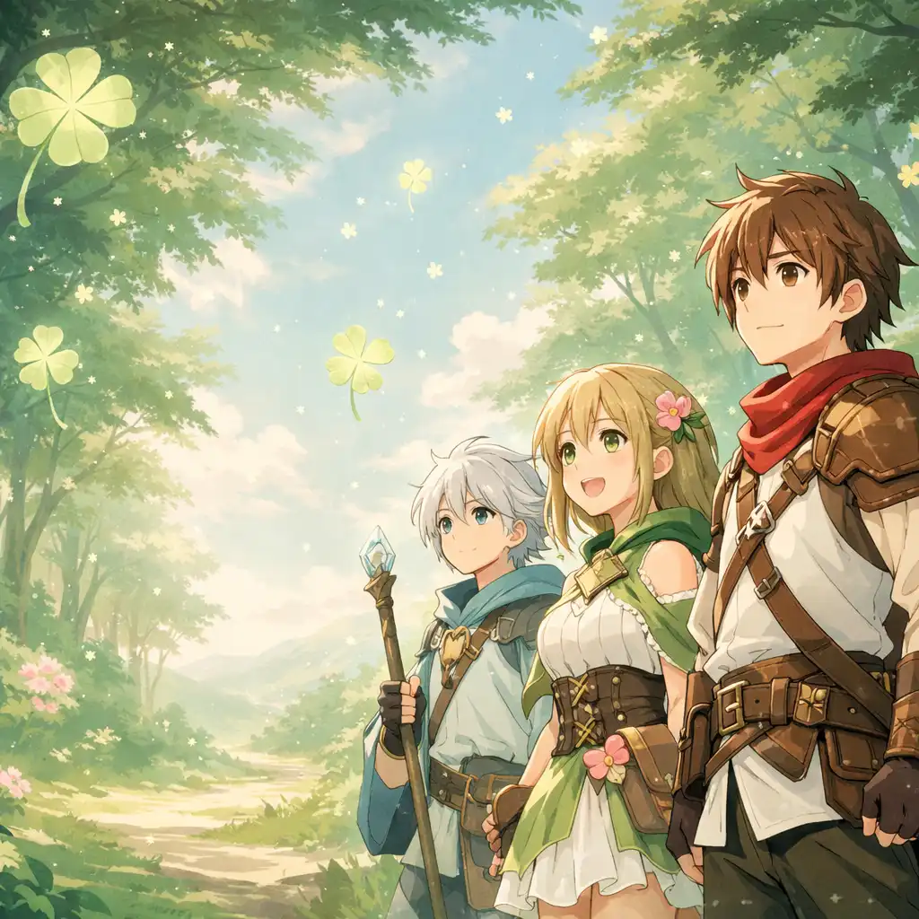 Trzej bohaterowie anime w świetlistym lesie otoczeni magicznymi czterolistnymi koniczynami